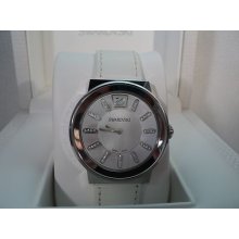 Signed Swan Swarovski Stainless Steel White Leather Watch