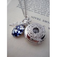 Silver Clocket - Polaroid Pocket Watch Locket/Necklace with Adornments - Botanical in Blue