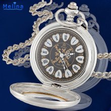 Silver Engraved Case Romantic Heart Dail Hollow Skeleton Mechancial Pocket Watch