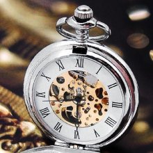 Silver Shiny Double Cover Hand Mechanical Pocket Watch Roman Id Xmas Gift