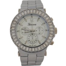 Silver With Large Crystals Oversized Geneva Watch For Men Or Women