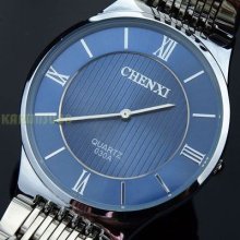 Simple Elegant Thin Blue Stainless Steel Men Ladies Quartz Analog Wrist Watch