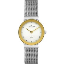 Skagen 358sgsc Gold Bezel Stainless Steel Mesh Ladies Watch