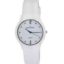 Skagen 817swlwc Women's Watch Ceramic Case Leather Bracelet White Dial Swarovski