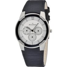 Skagen 856xlslc Men's Watch Leather Bracelet Silver Tone Dial Day And Date