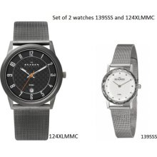 Skagen Watch Set Men's Black 124xlmmc Women's Silver 139sss Crystals Mesh