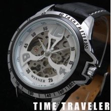 Skeleton Automatic Mechanical Leather Mens Watch