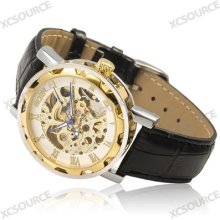 Skeleton Mens Automatic Mechanical Genuine Leather Wrist Watch + Gift Box Cw74