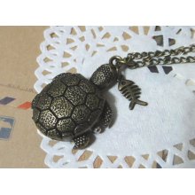 SNAPPING TURTLE Pocket WATCH - little fish bone Necklace - Antique Brass - Neo Victorian