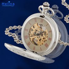 Sparkling Silver Engrave Case Bow Hollow Minimalist Dail Mechancial Pocket Watch