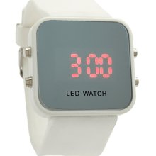 Sports Style Silicone Band Unisex Mirror Face Plastic LED Digital Wristwatch - White