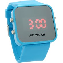 Sports Style Silicone Band Unisex Mirror Face Plastic LED Digital Wristwatch - Baby Blue