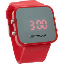 Sports Style Silicone Band Unisex Mirror Face Plastic LED Digital Wristwatch - Red