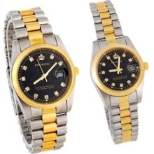 Stainless Steel Couple Analog Watches with Diamonds (Black)