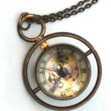 Steampunk Harry Potter TIME TURNER Necklace - Mechanical Pocket Watch - Brass Chain - GlazedBlackCherry