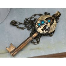 steampunk key necklace -THE TIME KEEPER - vintage brass skeleton key necklace with vintage mechanical watch movement and wings