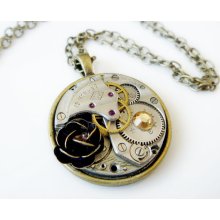 Steampunk Necklace, jewelled vintage watch, swarovski crystal and a metal rose - Industry meets beauty