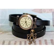 Steampunk Octopuss Charm on Black Leather Wrap Watch with Antique Gold Watch Face