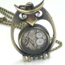 Steampunk - SPOOKY OWL Pendant- Jeweled Watch Movement - Gears and Cogs - Antique Brass - Neo Victorian - By GlazedBlackCherry