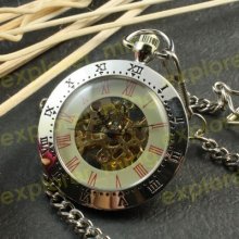 Steampunk Stylish Silver Hand-winding Men Ladies Mechanical Pocket Watch Chain