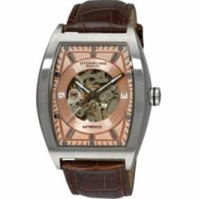 Stuhrling Original 182C2.3315K14 Mens Millennia Prodigy Skeleton Watch Stainless Steel Tonneau Case with Rosetone Dial on Brown Leather Strap