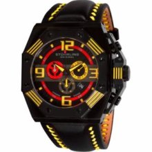 Stuhrling Original 304.3355G65 Mens Quartz with Black IP Caseandamp;#44; Black Case with Black Bezel and Yellow Accents and Yellow Stitched Black Leather Strap