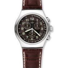 Swatch Men's Irony YOS413 Brown Leather Quartz Watch with Black Dial