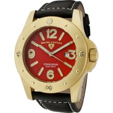 Swiss Legend Men's Conqueror Red Dial Gold Tone Ip Case Black Leather