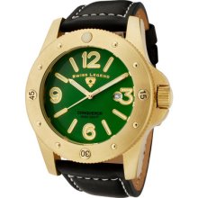 Swiss Legend Men's Conqueror Green Dial Gold Ip Case Black Leather