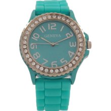 Teal Silicone Band And Silver Bezel And Crystals Geneva Women's Watch