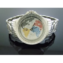 Techno Com By Kc 50mm 0.40ct Diamonds Watch World Map Stainless Steel Case