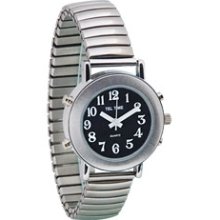 Tel Time Ladies Chrome Talking Watch Black Face Expansion Band