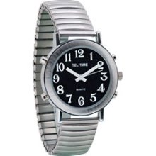 Tel Time Mens Chrome Talking Watch Black Face Expansion Band