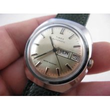 Timex 1970's, Automatic,day/date Clean Silver Dial,green Band Mens Watch 171