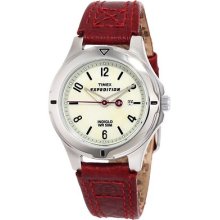 Timex Women Leather Strap Red Watch Water Resist Analog Quartz Round Case