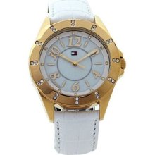 Tommy Hilfiger Ladies Gold Plated White Leather Strap 1781042 Watch