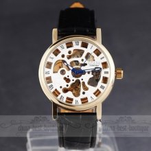 Top Classy Skeleton Case Men Pu Leather Band Automatic Mechanical Analog Watch