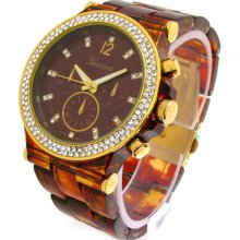 Tortoise Gold Geneva Wide Bracelet Crystal Bezel Oversized Women's Watch