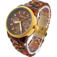 Tortoise Gold Mesh Bezel 3d Geneva Women's Bracelet Watch