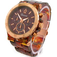 Tortoise Rose/gold Geneva Wide Bracelet Rose Ring Bezel Oversized Women's Watch