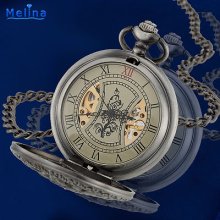 Totem Flower Antique Silver Marquise Hollow Skeleton Mechancial Pocket Watch