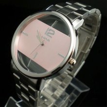 Transparent Mens Women Pink Face Fashion Stainless Steel Wrist Watch