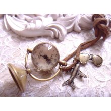 Travel around the world unique handmade little plane with classic eyeglass charm pocket watch clock pendant necklace