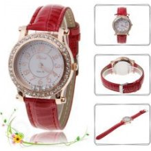 Trendy Women's Round Dial Numerals Hour Marks Leather Wristband Watch with Rhine - Leather - Red