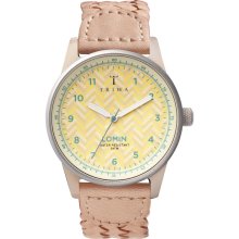 Triwa Unisex Beige Chevron Lomin Acetate Watch - Brown Leather Strap - Yellow Dial - LOAC113