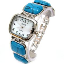 Turquoise Gem Style Mop Dial Silver Bracelet Women's Watch