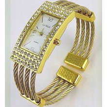 Two Tone Square Crystal Bezel Braided Wire White Cuff Bracelet Watch