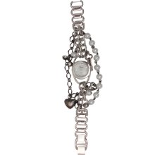 Two Tone Wrap Around Style Bracelet Watch w/ Dangling Chains, Charms & Pearls