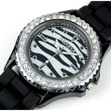 Typical Black Jelly Women Sprort Watch Crystal Bezel Stripe Dial Men's Analog