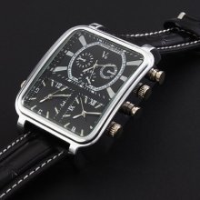 Unique Pilot Men 3 Movements Wrist Watch Casual Quartz Black Leather Analog